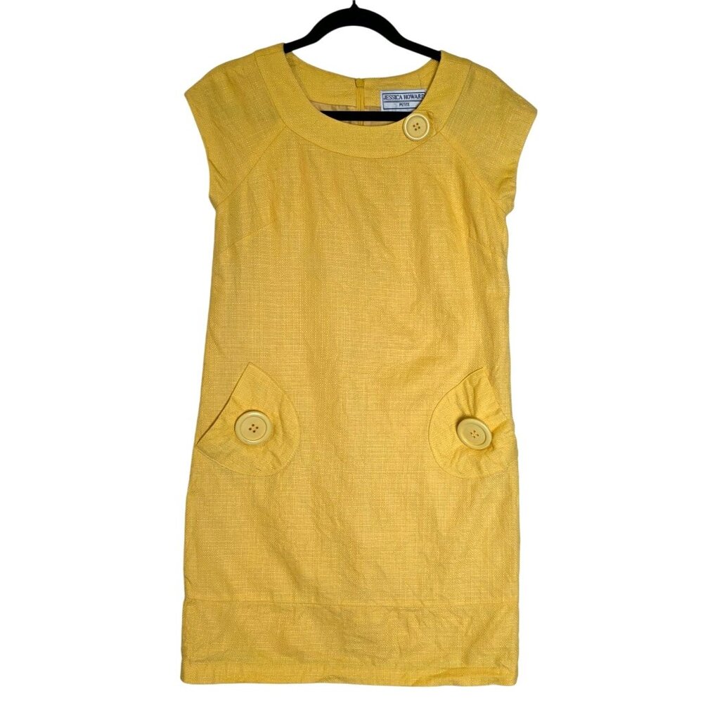 Jessica Howard Yellow Linen Shift Dress 4 Petite Cap Vtg 60s Insp Retro Tweed